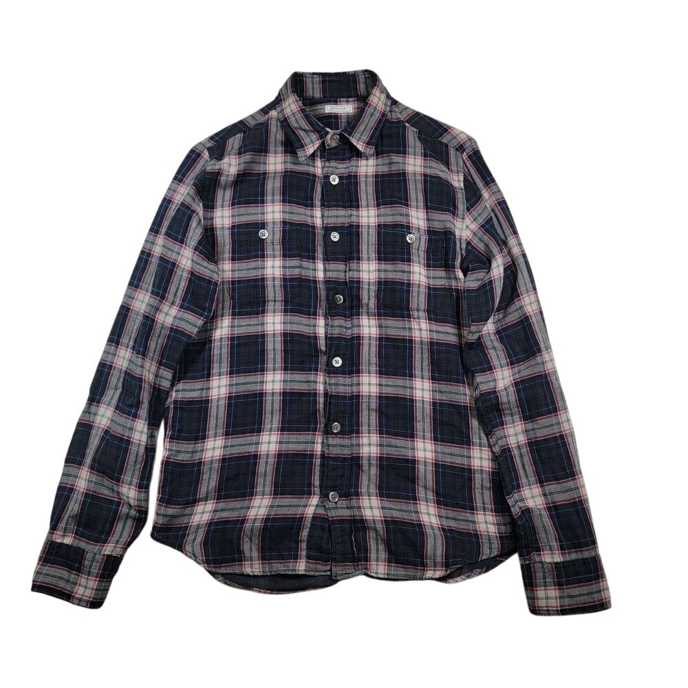 EDIFICE Men's Button Up Plaid‎ Shirt Sz 38 Small Navy Red Preppy Made in Japan